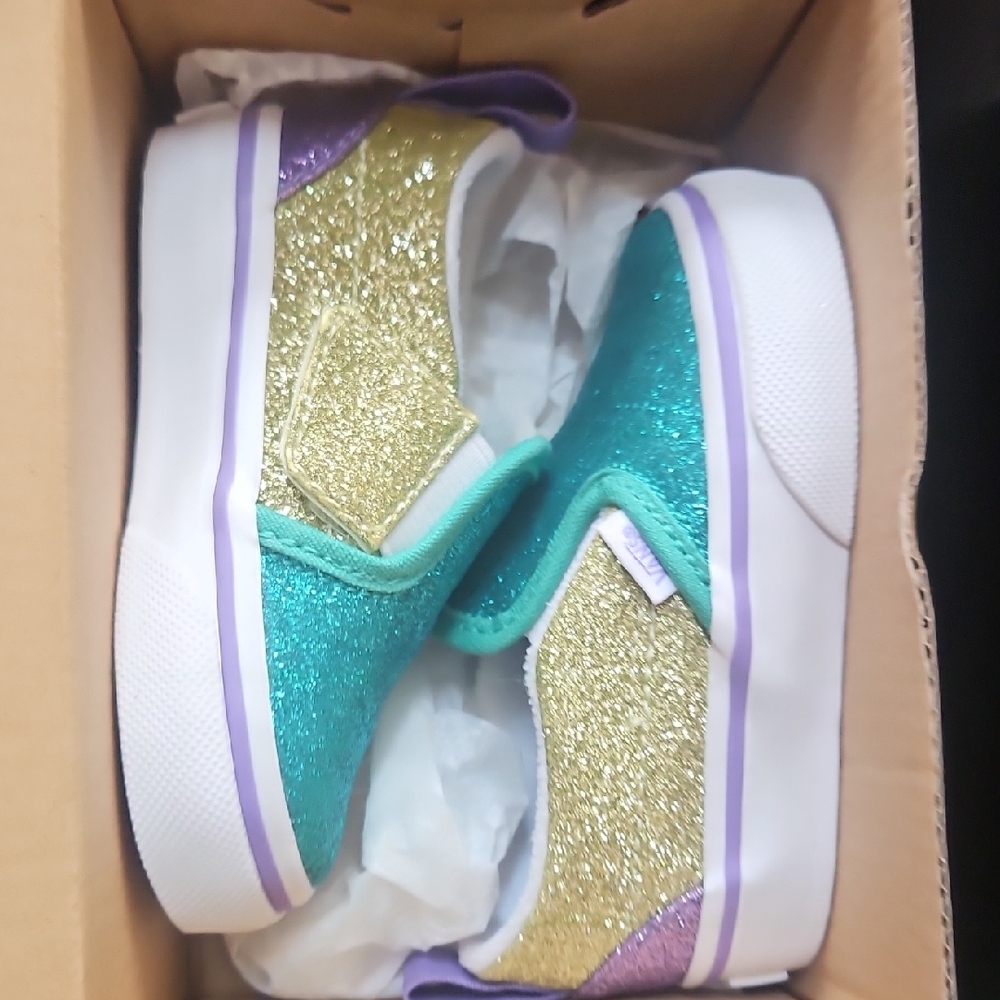 Vans Kids Sparkle Slip-On Sneakers - Teal, Gold, Purple
